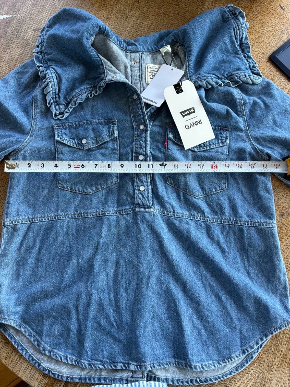 NWT Ganni x Levi’s Ruffled Collar Denim Pullover Shirt - Picture 6 of 8